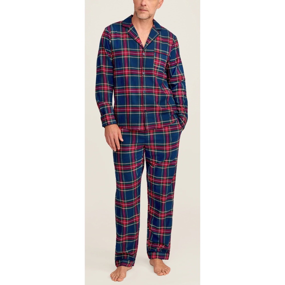 Petite Plume Men's Brushed Twill Pajama Set in Navy Red Windsor Tartan XL